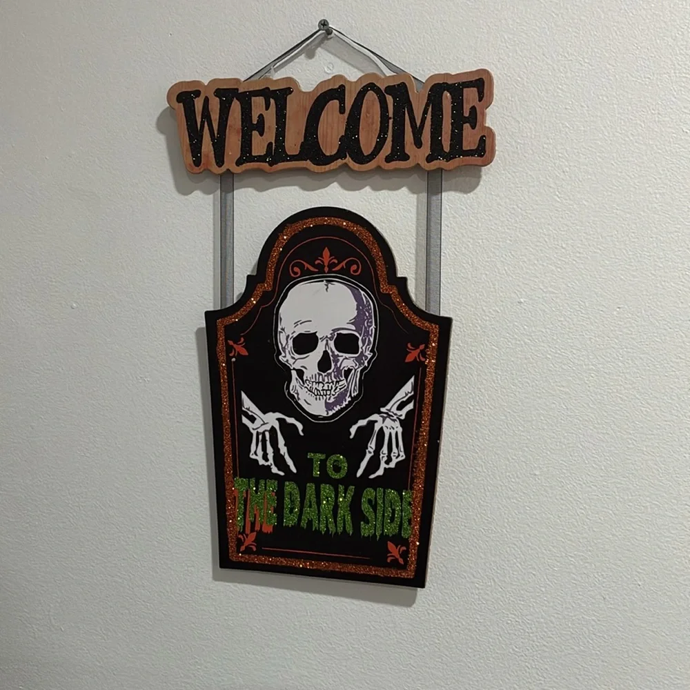 NWT-WELCOME- To The Dark Side- Glittered Wooden Tombstone Sign w/ Skeleton